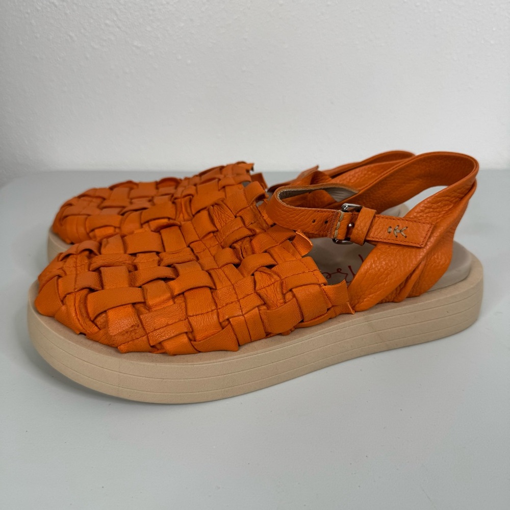 Henry Beguelin Orange‎ Leather Cross Hatch Ankle Strap Platform Sandals Size 40 - Picture 4 of 8